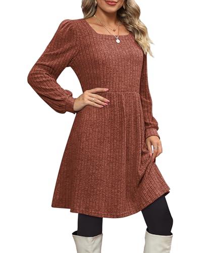 OFEEFAN Womens Knit Sweater Dress with Pockets Square Neck Long Sleeve Dresses3