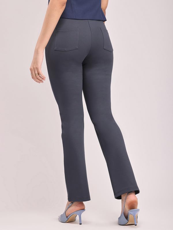 Image of FableStreet Women's Bootcut Stretch Livin Trousers | Nylon Rayon with Mid-Rise Waist | Solid Pattern & Plain Weave Fabric | Office Wear & Business Meetings