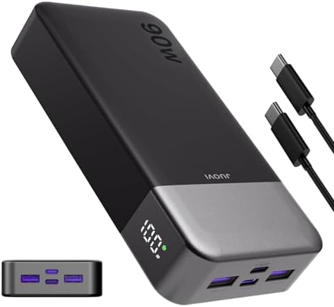 JUOVI Portable Charger, 90W Laptop Power Bank 20000mAh Portable Phone Charger, Power Bank Fast Charging with 2 USB-C & 2 USB-A Ports,Battery Bank for MacBook iPhone 17/16/15 Series, Galaxy (Black)