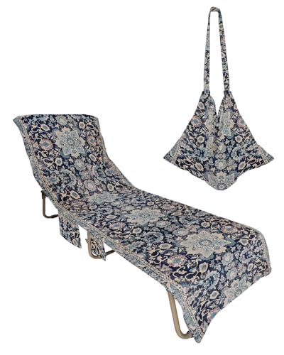 Vintage Flower Beach Chair Towel Covers for Chaise Lounge with Side Pocket, Soft Plush Pool Towels Cover for Patio Sunbathing Outdoor 29''x85'' Modern Oriental Boho Tribal Blue