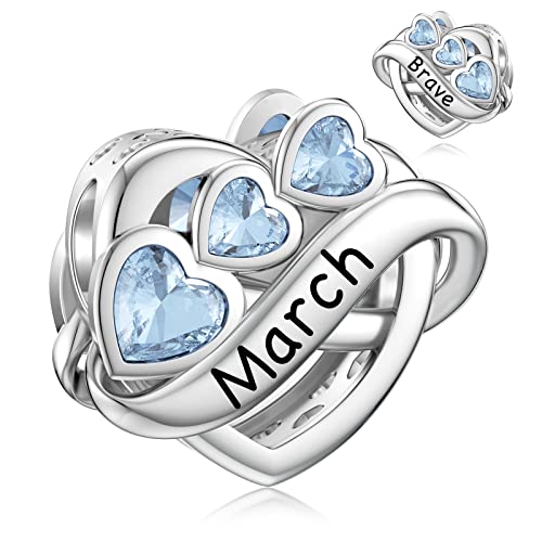 Jiayiqi March Birthstone Charm For Pandora Charms Bracelet, Sterling Silver Bead Endless Love Charms Engraved Brave, Heart Birthday Charms For Women Birthday Gift #TOP10