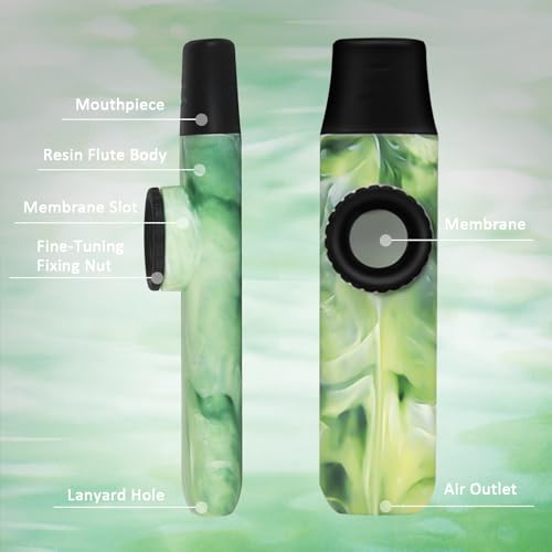 Kazoo im Jade-Stil, verstellbarer Ton, professionelles ABS-Harz, Kazoo mit fünf Flötenmembranen und Schlinge für Musikbegeisterte (Grün)