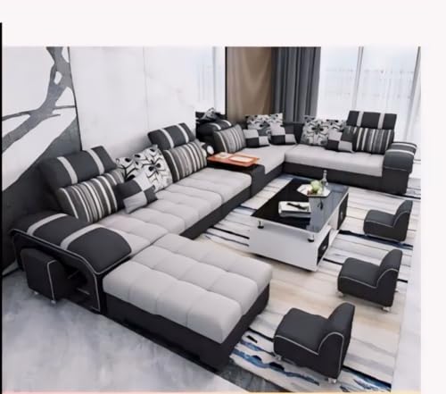Image of Galster 12 Seater Sofa Set for Living Room (Light Grey) | Interchangeable U Shape Sectional Sofa with Cup Holder & Storage | Solid Wood Frame & High-Density Supersoft Foam | Includes Puffy & Stool