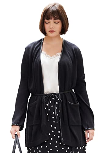Woman Within Women's Plus Size Knit Cardigan With Leather Trim - M, Black #TOP14