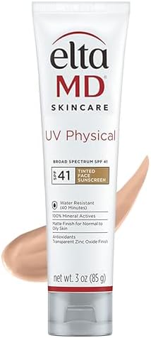 EltaMD UV Physical Tinted Mineral Sunscreen for Face SPF 41, 100% Mineral Actives Tinted Face Lotion, Water Resistant, Paraben-Free, Transparent Zinc Oxide Finish, Facial Travel Size Sunscreen 3 oz