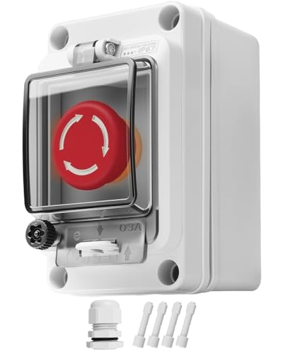 Image of Emergency Stop Button with Box, Waterproof Stop Push Button Switch for Indoor and Outdoor Electrical, with 1NO 1NC Contacts, Emergency Shut Off Switch, IP67 660V 10A