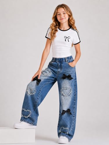 Image of Azmxynol Tween Girl Clothes Short Sleeve Top + Butterfly Design Jeans 2 Pieces Spring Summer Outfit Set, Size 6-16 Years