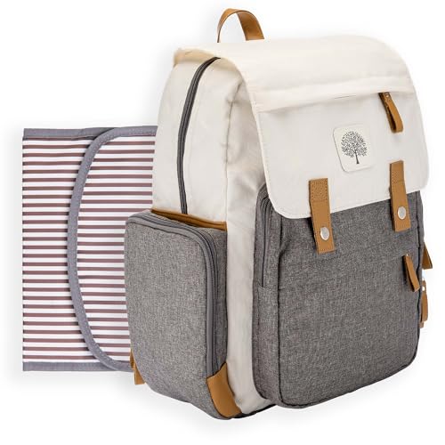 Image of Parker Baby Co. 8-Year Original Birch Diaper Backpack - Cream | Parker Baby Co. roomy hands-free bag with insulated bottle pockets, stroller straps, and baby travel storage