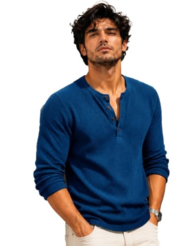 Image of AUSK Men's Waffle Knit Henley T-Shirt | Cotton Blend Full Sleeve Textured Casual T Shirt | Regular Fit Button Placket Round Neck Tshirt for Men