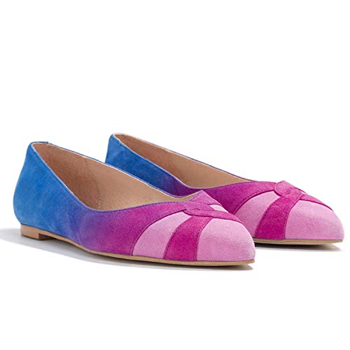 Women Rainbow Suede Leather Flat Shoes, Sexy Pointed Toe Slip-on Pumps for Ladies, Green, Pink-Blue, Yellow Dress Flats for Dating, Vacation, Full Size 4-16 M US3