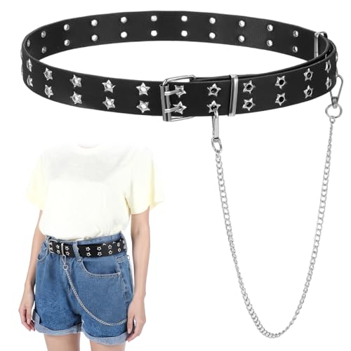 Black Studded Belt, Star Punk Rock Star Studded Leather Belt with Grommet Threads Bright Metal Pyramid for Women Men - Main Image