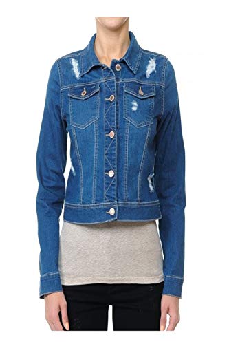 LIZMEMORY Women's Classic Casual Distressed Long Sleeve Crop Top Button Up Comfort Stretch Denim Jacket, (Medium Denim, 3X)