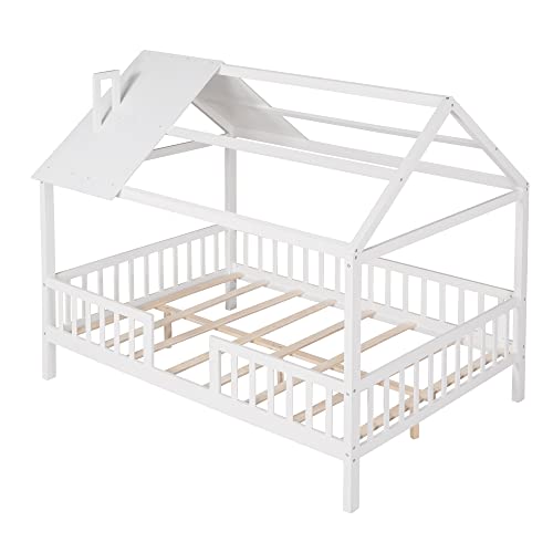 Merax Full House Bed for Kids,Wood Full Bed Frame House-Shaped Bed Platform Bed Frame with Roof Windows and Full-Length Safety Rails White