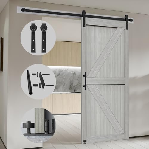 S&Z TOPHAND® 28in x 84in Double Light GraySliding MDF Barn Door with 10FT Sliding Door Hardware Kit, Solid Slab Covered with Water-Proof PVC Surface, Simple DIY Assembly