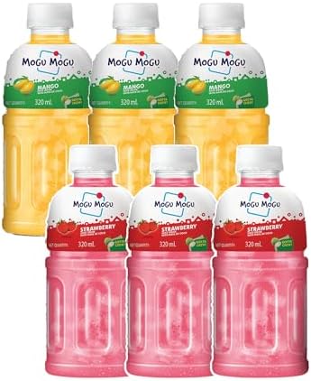 Mogu Mogu Strawberry and Mango Juice 25% with NATA De Coco | Energy Booster Drink | Full Fruit Fibres | No Added Preservatives and Colours - (Pack of 6, 320 ml Each)