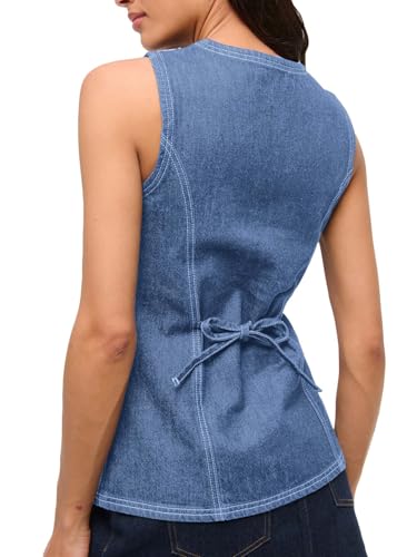 Mina Self 2025 Womens Button Down Denim Vest Tops Sleeveless Lightweight Crew Neck Casual Western Fashion Jean Jacket3