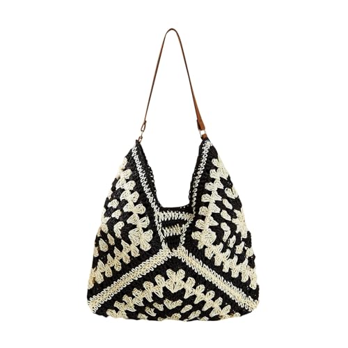 Sac de paille tissé grande capacité noir pour femmes idéal pour la plage et les vacances d'été