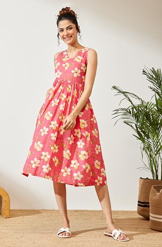 Image of Janasya Women's Pink Pure Cotton Floral Printed A-line Dress