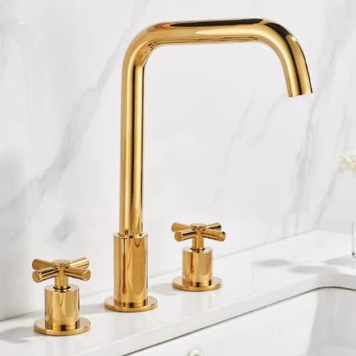 Robinet de lavabo de salle de bains en laiton doré à deux poignées