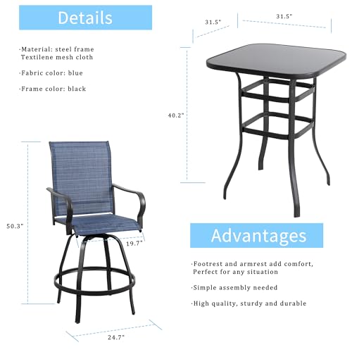 Shintenchi 3 Piece Patio Swivel Bar Stools Set, Outdoor Patio Bar Table and Chairs Set, All Weather Bar Height Chairs Set of 2, High Top Bistro Set Furniture for Balcony, Backyard, Garden, Deep Blue