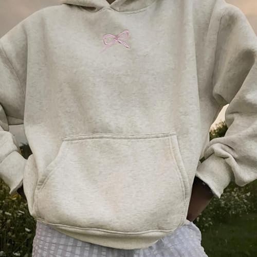 Graphic Hoodies for Teen Girls Coquette Oversized Sweatshirts Cute Bowknot Embroidery Print Long Sleeve Hoodie Pullover Tops Y2k Hoodies Retro Aesthetics Pullover Tops