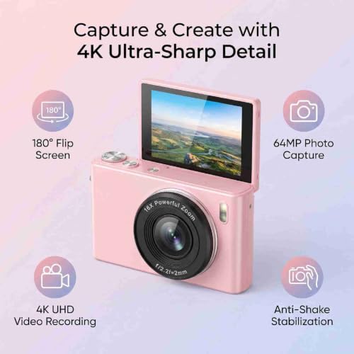 Cámara digital 4K 64MP con pantalla abatible 180° y zoom 16x miniatura 4
