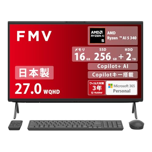 FMV �x�m�� �f�X�N�g�b�v�p�\�R�� ��̌^ ���{�� Copilot+ AI Desktop F WF3-L1 (MS 365 Personal/Copilot�L�[����/Win 11/27.0�^/AMD Ryzen AI 5/16GB/SSD 256GB 