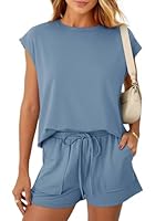REORIA Damen Rundhalsausschnitt Jogginganzug Kurzarm Zweiteiler Trainingsanzug Hausanzug Sport Set Elegantes Outfit Lounge Set Grau Blau M