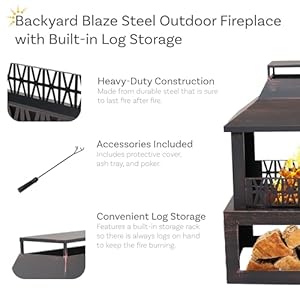 Sunnydaze Backyard Blaze 35-Inch H Heavy-Duty Steel Outdoor Fireplace with Built-in Log Storage - Includes Protective Cover - Brushed Bronze Sunnydaze Backyard Blaze 35 Inch H Heavy Duty Steel Outdoor Fireplace with Built in Log Storage Includes Protective Cover Brushed Bronze