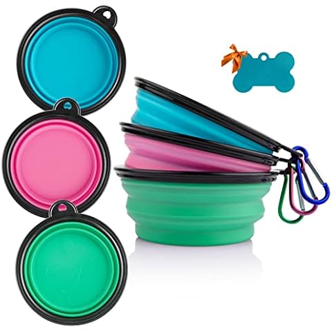 Collapsible Dog Bowls, 3 Pack Collapsable Doggy Water Bowl for Small Cats Dogs, Portable Travel Dog Feeding Watering Dish for Pet Camping Walking with 2 Carabiners (Pink+Green+Blue) Cover