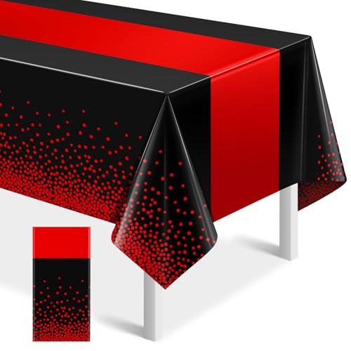 MASHAN 1Pcs Black and Red Tablecloth Party Decorations,Plastic Black Table Cloth Printed Red Table Runner Disposable Rectangle Cover for Birthday Weeding Anniversary Graduation Party,54 x108 Inch