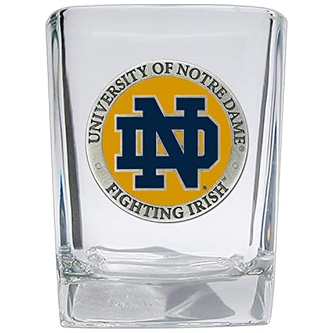 Heritage Pewter Notre Dame Square Shot Glass | Hand-Sculpted 1.5 Ounce Shot Glass | Intricately Crafted Metal Pewter Alma Mater Inlay Cover
