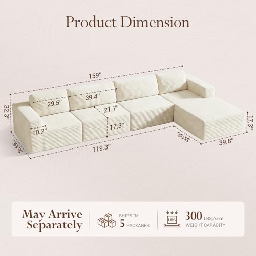 Image of Vesgantti 159 inch Large Modular Sectional Sofa, L-Shaped Corduroy Cloud Couch with Deep Seats & Spring Support, 4-Seater Boneless Sofa with Movable Ottoman, No Assembly Needed, Beige