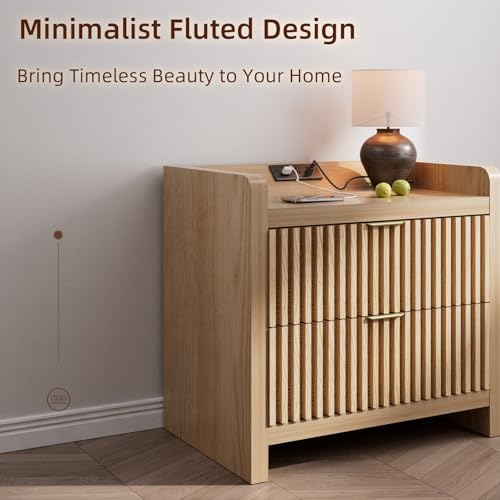 Image of BREEZEHEAT Fluted Nightstand Set of 2, Night Stands with Charging Station, Nightstand Bedside Table End Table with 2 Large Drawers, Mid Century Modern Night Stand for Bedroom, 24 inch Wide, Burly Wood