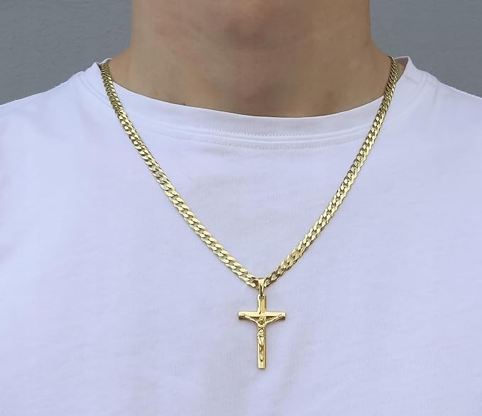 AMAR ZELYA złoty męski łańcuszek z krzyżem, pozłacany 925/585 - krzyż męski lity - 5 mm, łańcuszek z krzyżykiem, pancerz, 70 cm