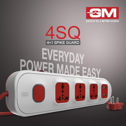 Image of GM 3251 4 Way Extension Board with 2 USB Port | Safety Shutter |for Power Requirements Up to 1440W |1.5 Mtr ISI Certified Copper Wire| LED Indicator | Rating -6A, 240V | Home & Office Use, 10 Volts