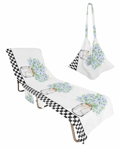 Blue Daisy Floral, Beach Lounge Chair Towel Cover, Soft Chaise Lounge Towel with Side Pockets Patio Pool Chairs Cover for Beach/Pool Sunbathing 29x85 White Black Checkered Spring Floral Summer