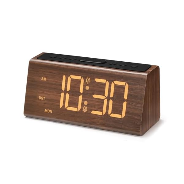 Cadmos Wooden Digital Alarm Clock for Bedroom,Electric Desk Clock with USB Port,Loud Alarm for Heavy Sleepers,Adjustable Volume & Dimmer,Snooze,DST,Wood Decor,Bedside & Desk Us(Brown – Amber Digits)