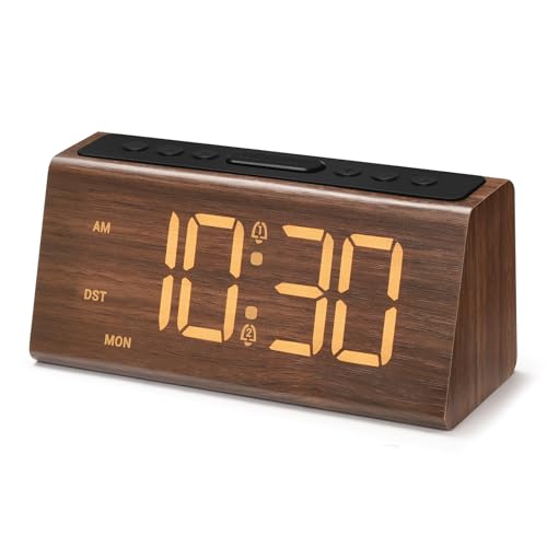 Cadmos Wooden Digital Alarm Clock for Bedroom Electric Desk Clock with USB Port Loud Alarm for Heavy Sleepers Adjustable Volume & Dimmer Snooze DST Wood Decor Bedside & Desk Us(Brown - Amber Digits)