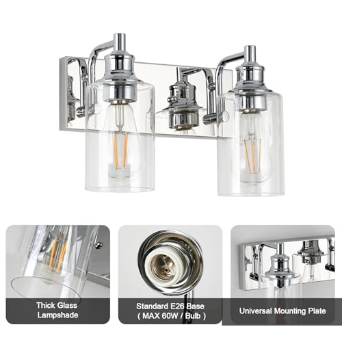 Image of 2-Light Bathroom Light Fixtures Modern Chrome Vanity Lights for Bathroom Lighting Fixtures Over Mirror for Cabinet Mirror Bedroom Hallway