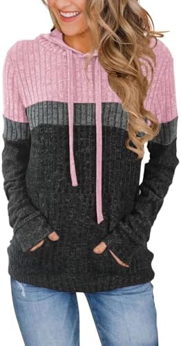 MixShe Women’s Color Block Knit Hoodie – Casual Long Sleeve Pullo...