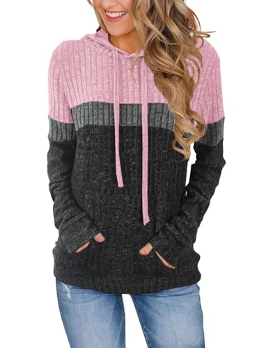 MixShe Women’s Color Block Knit Hoodie – Casual Long Sleeve Pullover Sweater Tops with Pocket