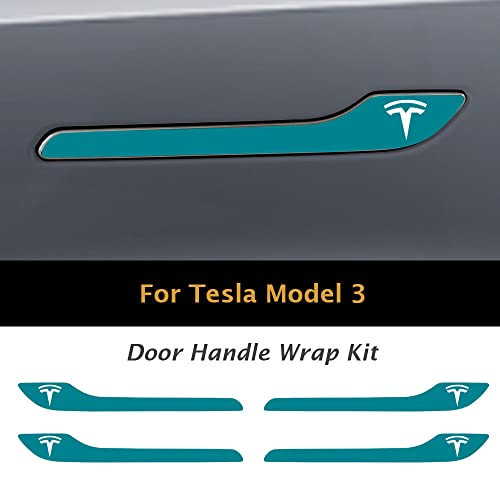 Image of IPG Compatible for Model 3 / Model Y /Juniper Door Handle Decal Sticker Wrap Kit (Set of 4) with Tesla Logo Personalize Your Tesla (Gloss Green Teal)