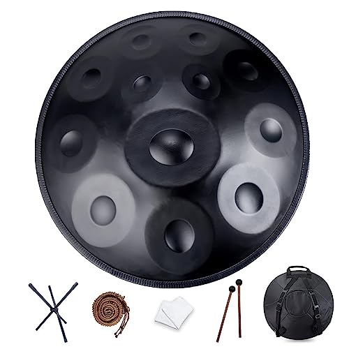 Handpan Drum Instrument con 12 notas en Re menor, 432 Hz, incluye bolsa suave para handpan, 2 mazos de mano y soporte para handpan