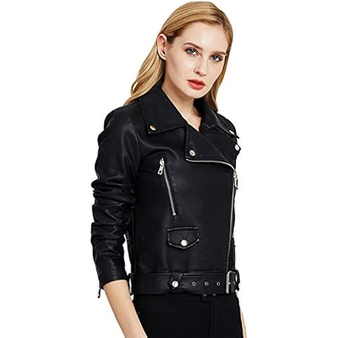 Jhichic Women's Classic Moto Biker PU Coat Soft Faux Leather Belted Bomber Jacket Cover