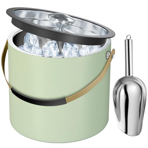 3.2L/3.4QT Stainless Steel Ice Bucket with Lid and Scoop, Double Wall Insulated Ice Bucket for Cocktail Bar and Parties (Mint Green)