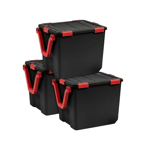 Image of IRIS USA 3-Pack WeatherPro Gasket Box, 106 Quart Weather Resistant Storage Bins with Latching Lids, Heavy Duty Organizing Containers for Closet, Bathroom, and Office - Black /Red