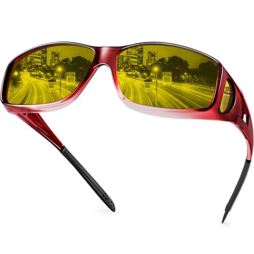 Night Driving Glasses Fit Over Glasses – Shatterproof TAC Polarized HD Yellow Lens, Anti-Glare, UV400 Protection for Men & Women (Glossy Black)