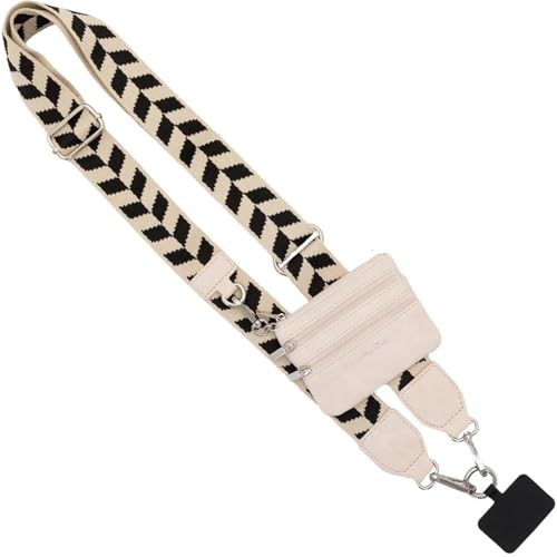 Image of Save the Girls Original Clip and Go Phone Strap Pattern (Chevron Black /Cream - Cream Pouch) - Crossbody Phone Strap Chain with Zipper Wallet Pouch - Phone Lanyard Zippered