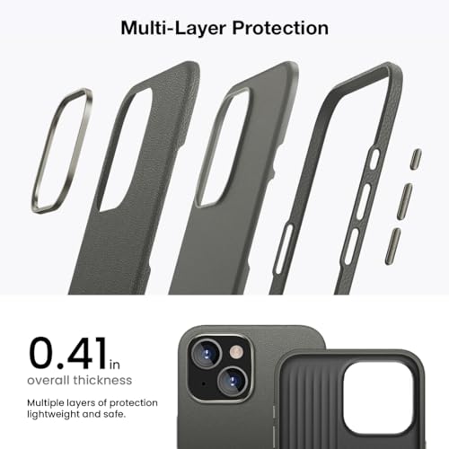Image of MagIT Premium Skin Series Leather Case for iPhone 14 / iPhone 13 (6.1-inch), with TPU Sides, Drop Protection, MagSafe Compatible, Colored Aluminium Buttons (Carbon Black)